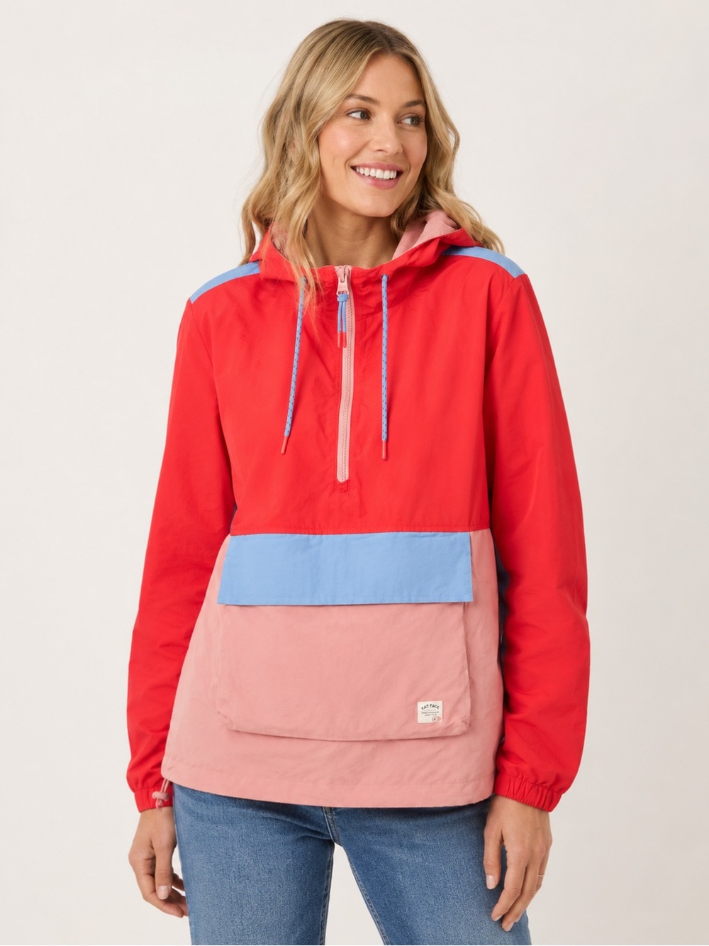 FAT FACE Packable Colorblock Anorak Pullover Jacket in Red, Peach & Sky Blue